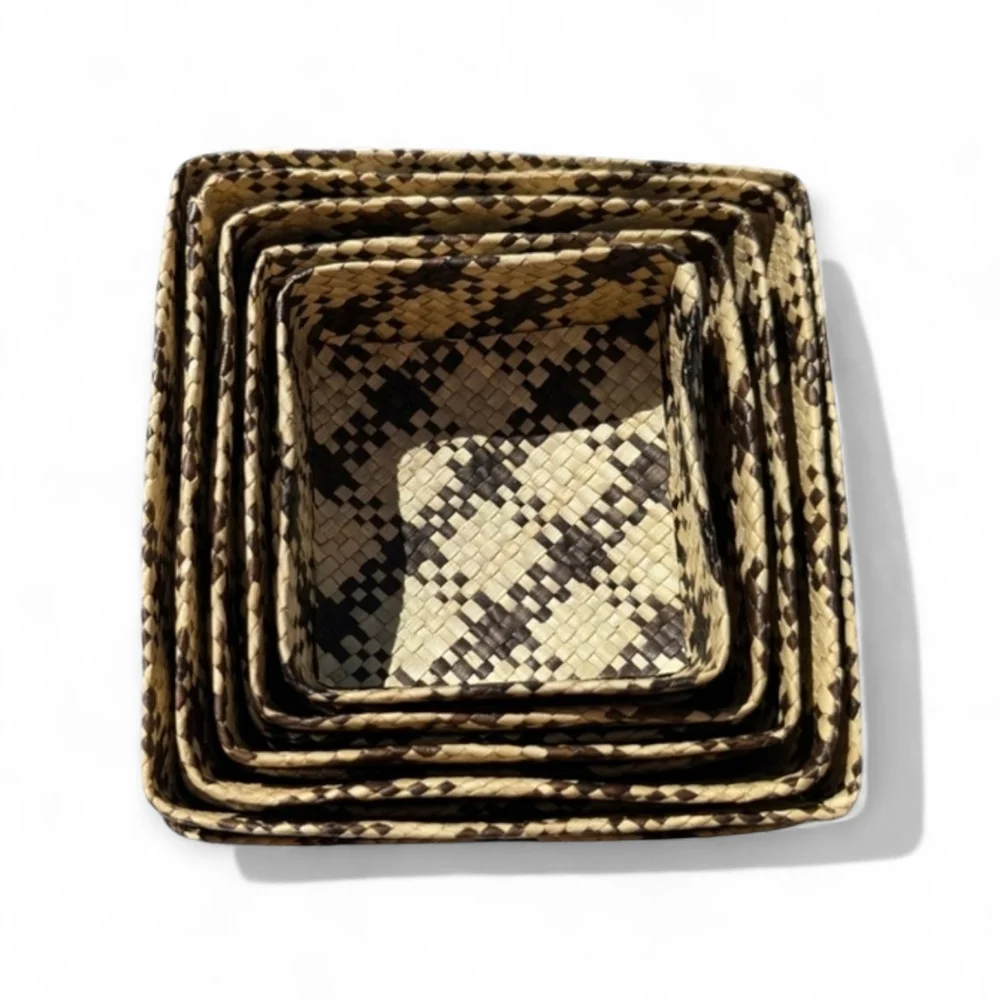 VINTAGE Nested Woven Baskets Set Boho Lidded Square Storage Natural 5PC Lot